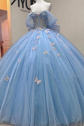 Baby Blue Ball Gown Off-Shoulder Sleeveless Tulle Quinceanera Dress with Beaded Sequins & 3D Butterfly Appliques